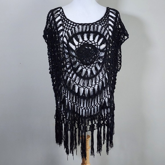 Love & Legend Sweaters - Crochet‎ Fringe Poncho Top 1X 2X Black Open Knit Witchy Festival Whimsigoth Goth